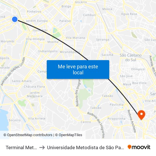 Terminal Metrô Butantã to Universidade Metodista de São Paulo (Campus Vergueiro) map