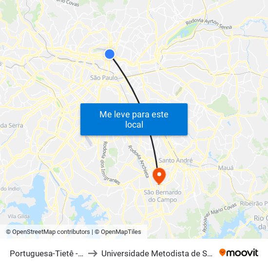 Portuguesa-Tietê - Santana, São Paulo to Universidade Metodista de São Paulo (Campus Vergueiro) map