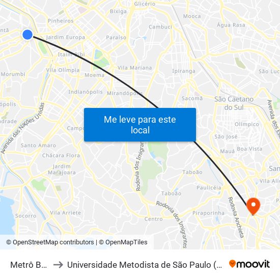 Metrô Butantã to Universidade Metodista de São Paulo (Campus Vergueiro) map