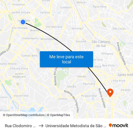 Rua Clodomiro Amazonas 221 to Universidade Metodista de São Paulo (Campus Vergueiro) map