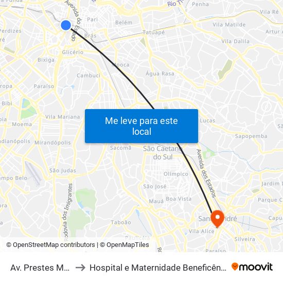 Av. Prestes Maia, 940 to Hospital e Maternidade Beneficência Portuguesa map