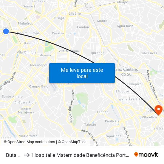 Butantã to Hospital e Maternidade Beneficência Portuguesa map