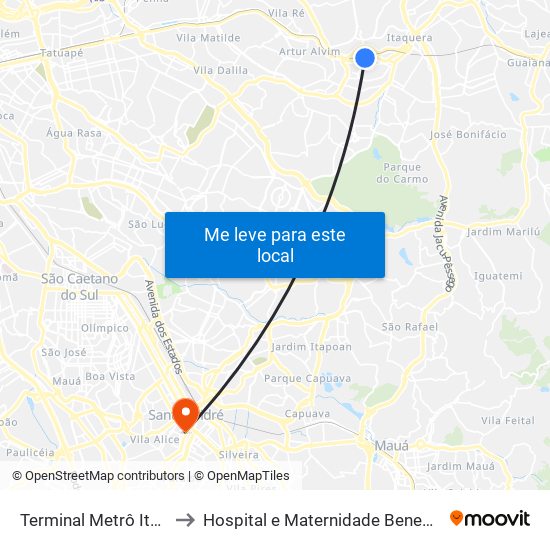 Terminal Metrô Itaquera Norte to Hospital e Maternidade Beneficência Portuguesa map