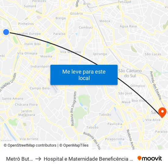 Metrô Butantã to Hospital e Maternidade Beneficência Portuguesa map