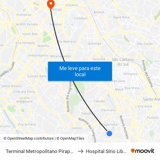 Terminal Metropolitano Piraporinha to Hospital Sírio Libanês map