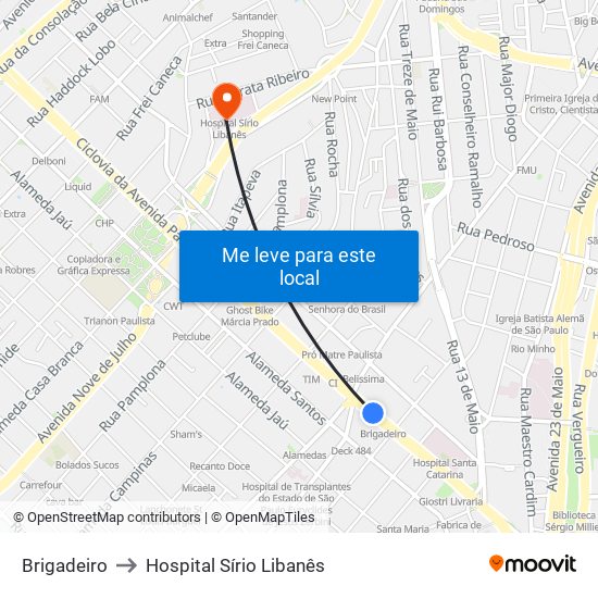 Brigadeiro to Hospital Sírio Libanês map