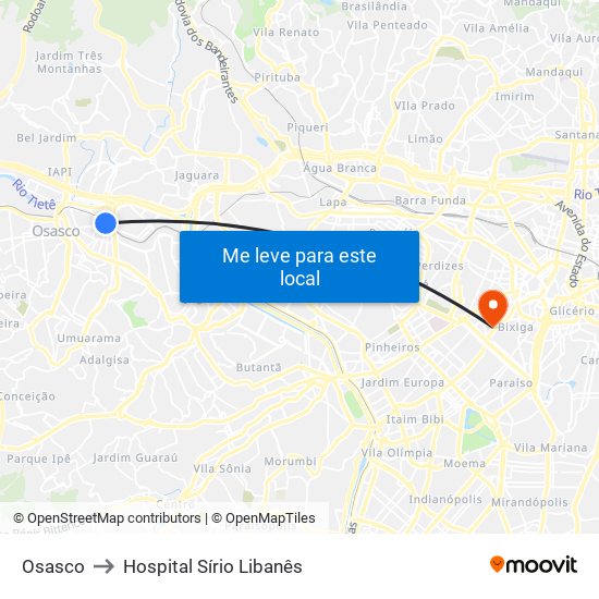 Osasco to Hospital Sírio Libanês map