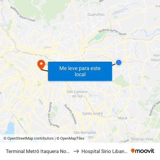 Terminal Metrô Itaquera Norte to Hospital Sírio Libanês map