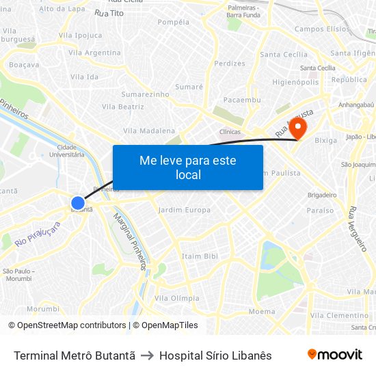 Terminal Metrô Butantã to Hospital Sírio Libanês map