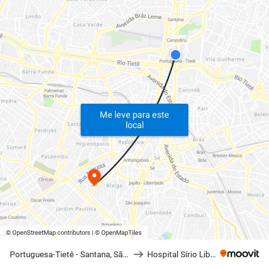 Portuguesa-Tietê - Santana, São Paulo to Hospital Sírio Libanês map