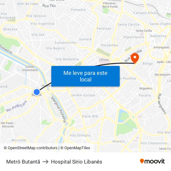 Metrô Butantã to Hospital Sírio Libanês map