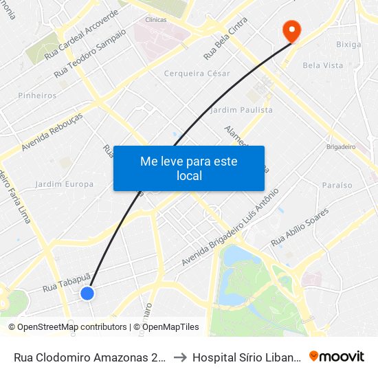 Rua Clodomiro Amazonas 221 to Hospital Sírio Libanês map