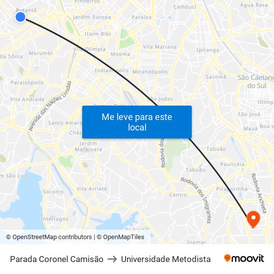 Parada Coronel Camisão to Universidade Metodista map