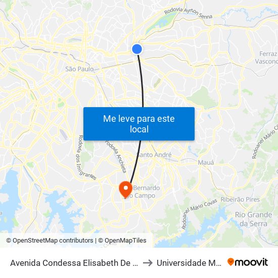 Avenida Condessa Elisabeth De Robiano 4810 to Universidade Metodista map