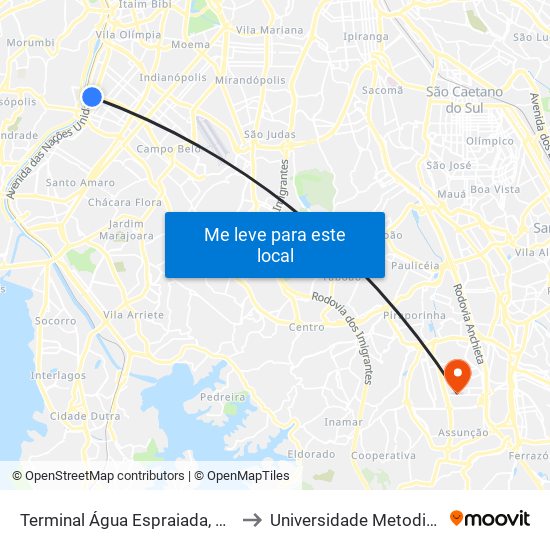 Terminal Água Espraiada, 400 to Universidade Metodista map
