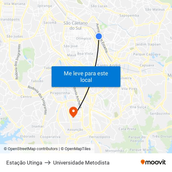 Estação Utinga to Universidade Metodista map