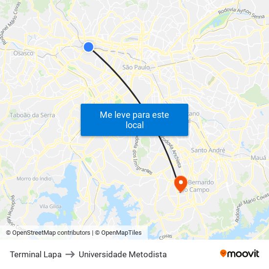 Terminal Lapa to Universidade Metodista map
