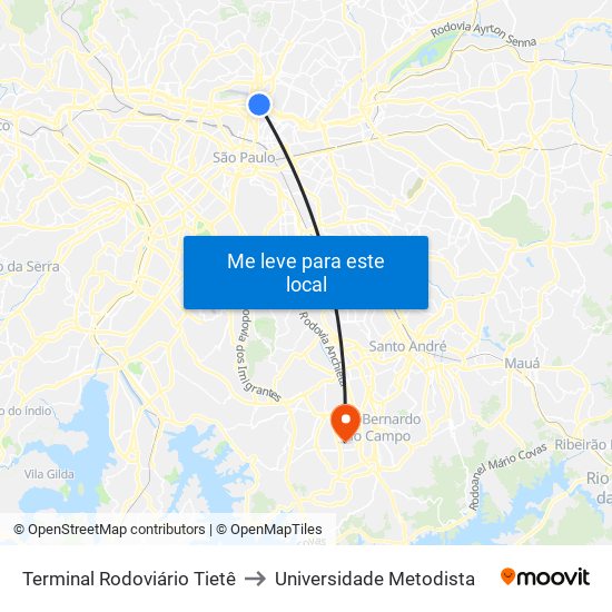 Terminal Rodoviário Tietê to Universidade Metodista map