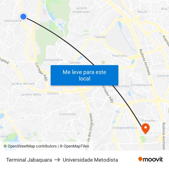 Terminal Jabaquara to Universidade Metodista map