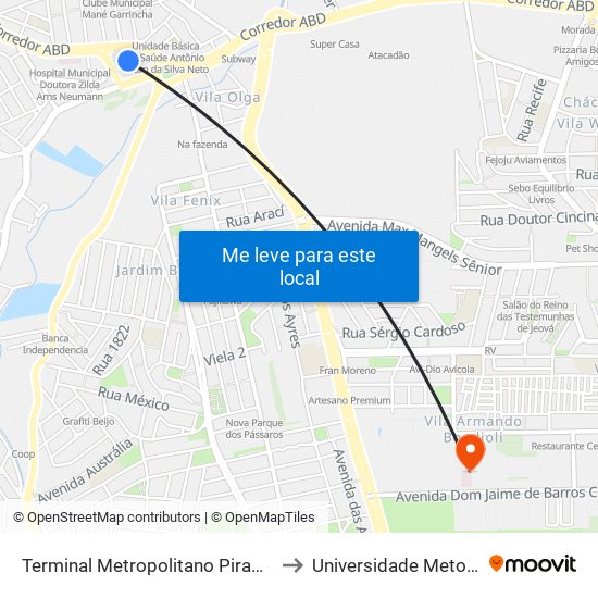 Terminal Metropolitano Piraporinha to Universidade Metodista map