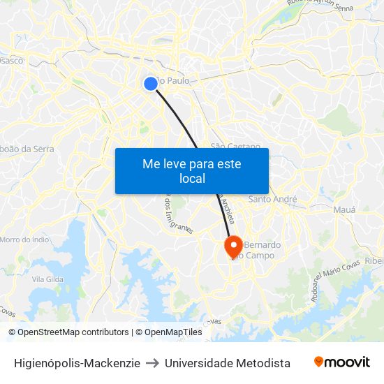 Higienópolis-Mackenzie to Universidade Metodista map