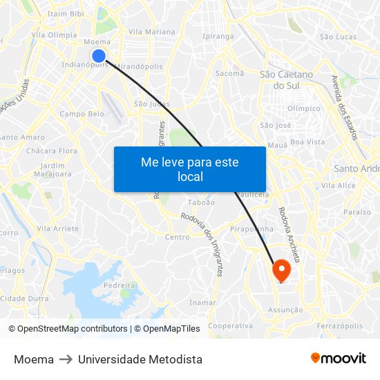 Moema to Universidade Metodista map