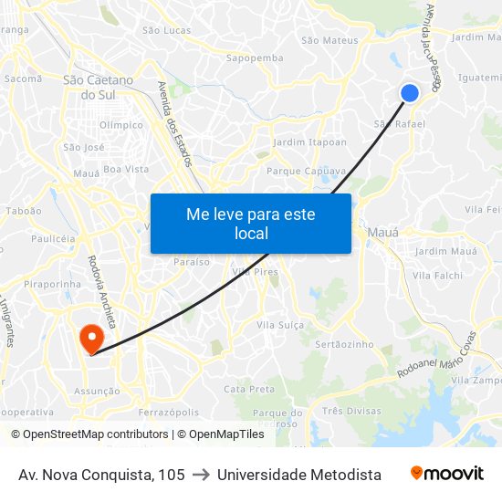 Av. Nova Conquista, 105 to Universidade Metodista map