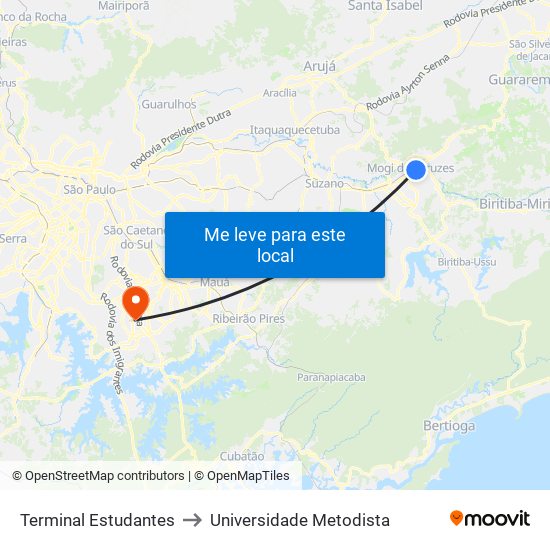 Terminal Estudantes to Universidade Metodista map