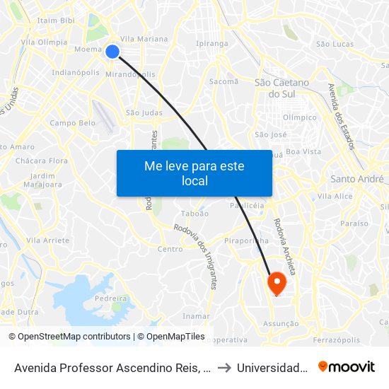 Avenida Professor Ascendino Reis, 830 • Metrô Aacd-Servidor to Universidade Metodista map