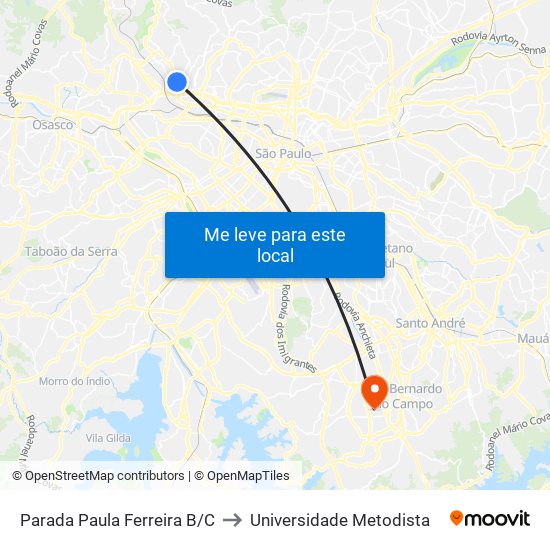 Parada Paula Ferreira B/C to Universidade Metodista map