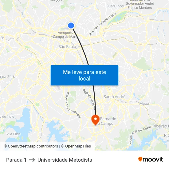 Parada 1 to Universidade Metodista map