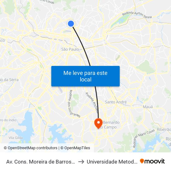 Av. Cons. Moreira de Barros, 728 to Universidade Metodista map