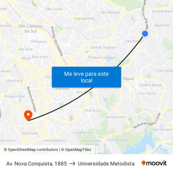 Av. Nova Conquista, 1885 to Universidade Metodista map