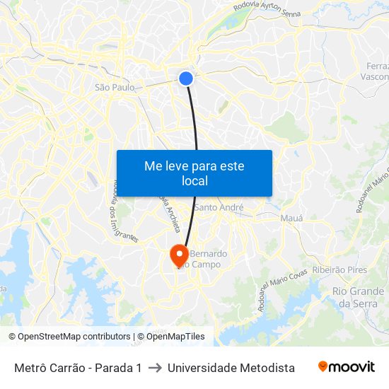 Metrô Carrão - Parada 1 to Universidade Metodista map