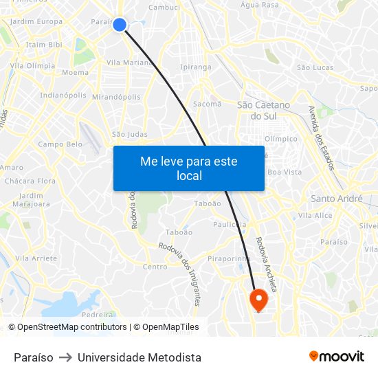 Paraíso to Universidade Metodista map