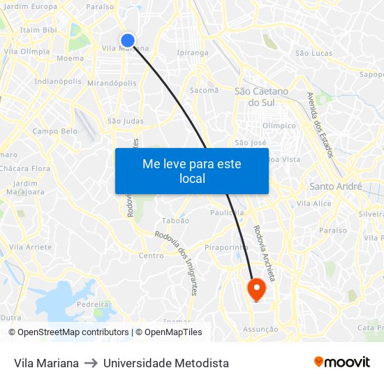 Vila Mariana to Universidade Metodista map