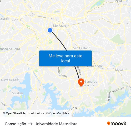 Consolação to Universidade Metodista map