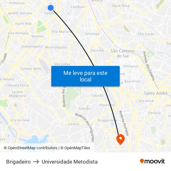 Brigadeiro to Universidade Metodista map