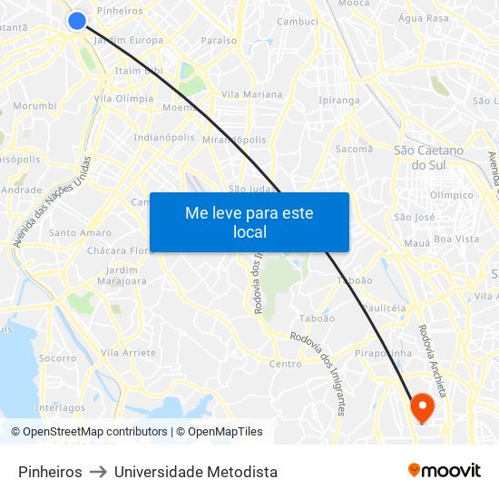 Pinheiros to Universidade Metodista map