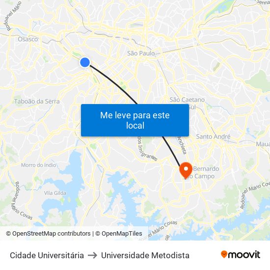 Cidade Universitária to Universidade Metodista map