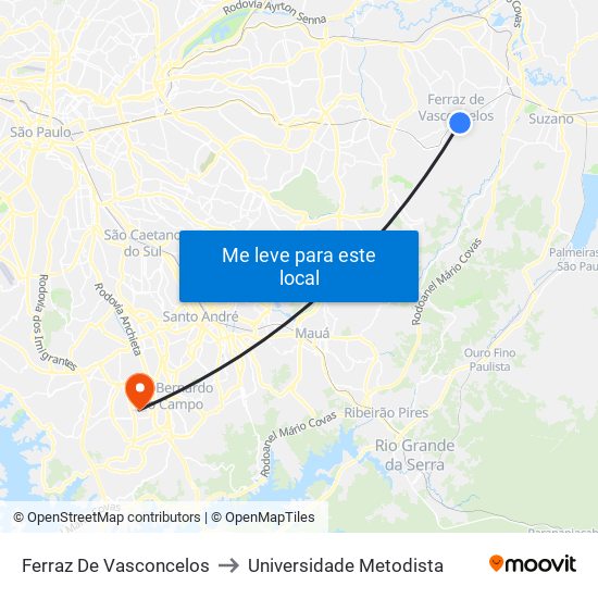 Ferraz De Vasconcelos to Universidade Metodista map