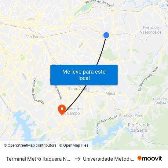 Terminal Metrô Itaquera Norte to Universidade Metodista map