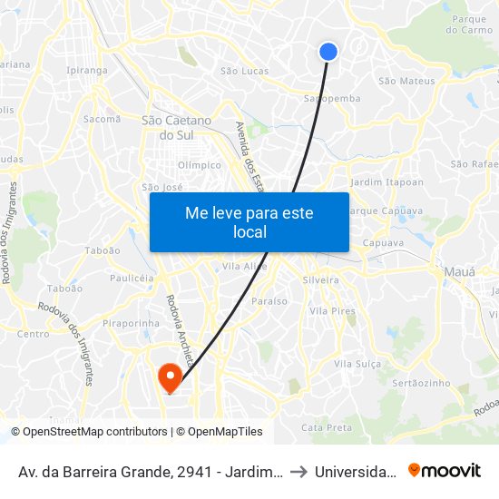 Av. da Barreira Grande, 2941 - Jardim das Rosas (Zona Leste I), São Paulo to Universidade Metodista map