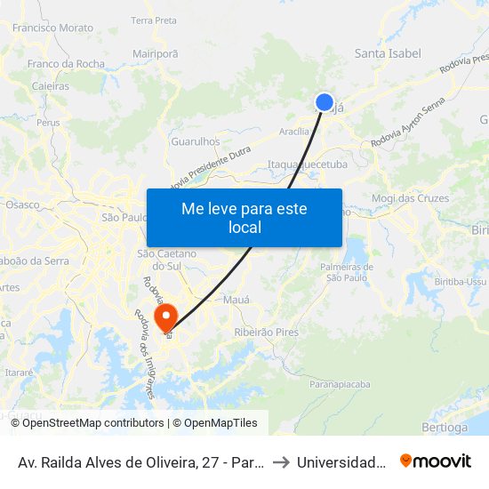Av. Railda Alves de Oliveira, 27 - Parque Rodrigo Barreto, Arujá to Universidade Metodista map