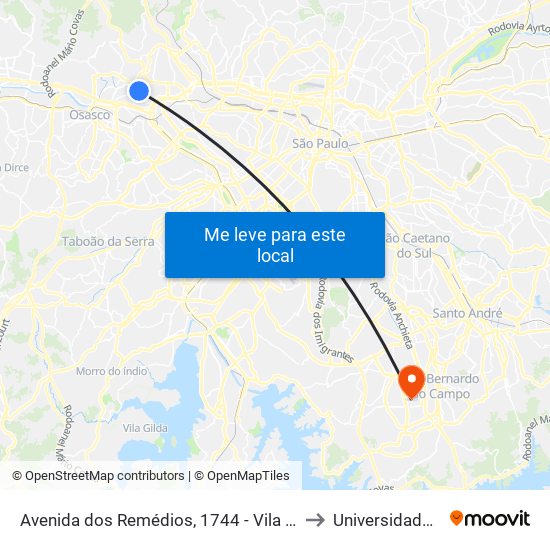 Avenida dos Remédios, 1744 - Vila Santa Edwiges, São Paulo to Universidade Metodista map