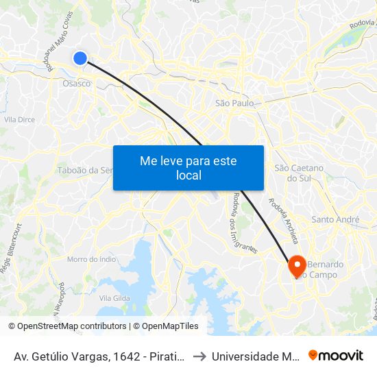 Av. Getúlio Vargas, 1642 - Piratininga, Osasco to Universidade Metodista map