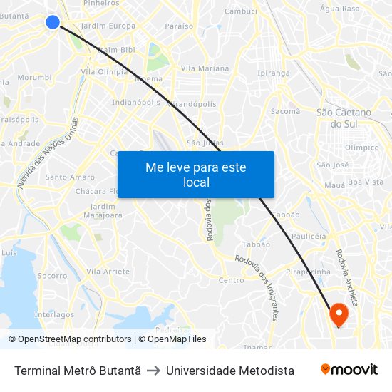 Terminal Metrô Butantã to Universidade Metodista map