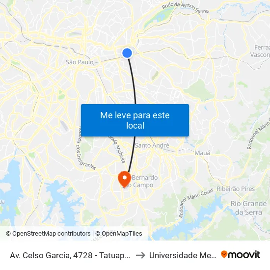 Av. Celso Garcia, 4728 - Tatuapé, São Paulo to Universidade Metodista map