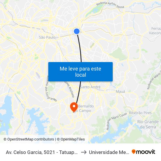 Av. Celso Garcia, 5021 - Tatuapé, São Paulo to Universidade Metodista map