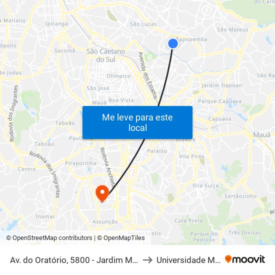 Av. do Oratório, 5800 - Jardim Mimar, São Paulo to Universidade Metodista map